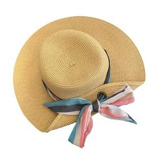 Nine West Ribbon Floppy Straw Beach Hat NWOT